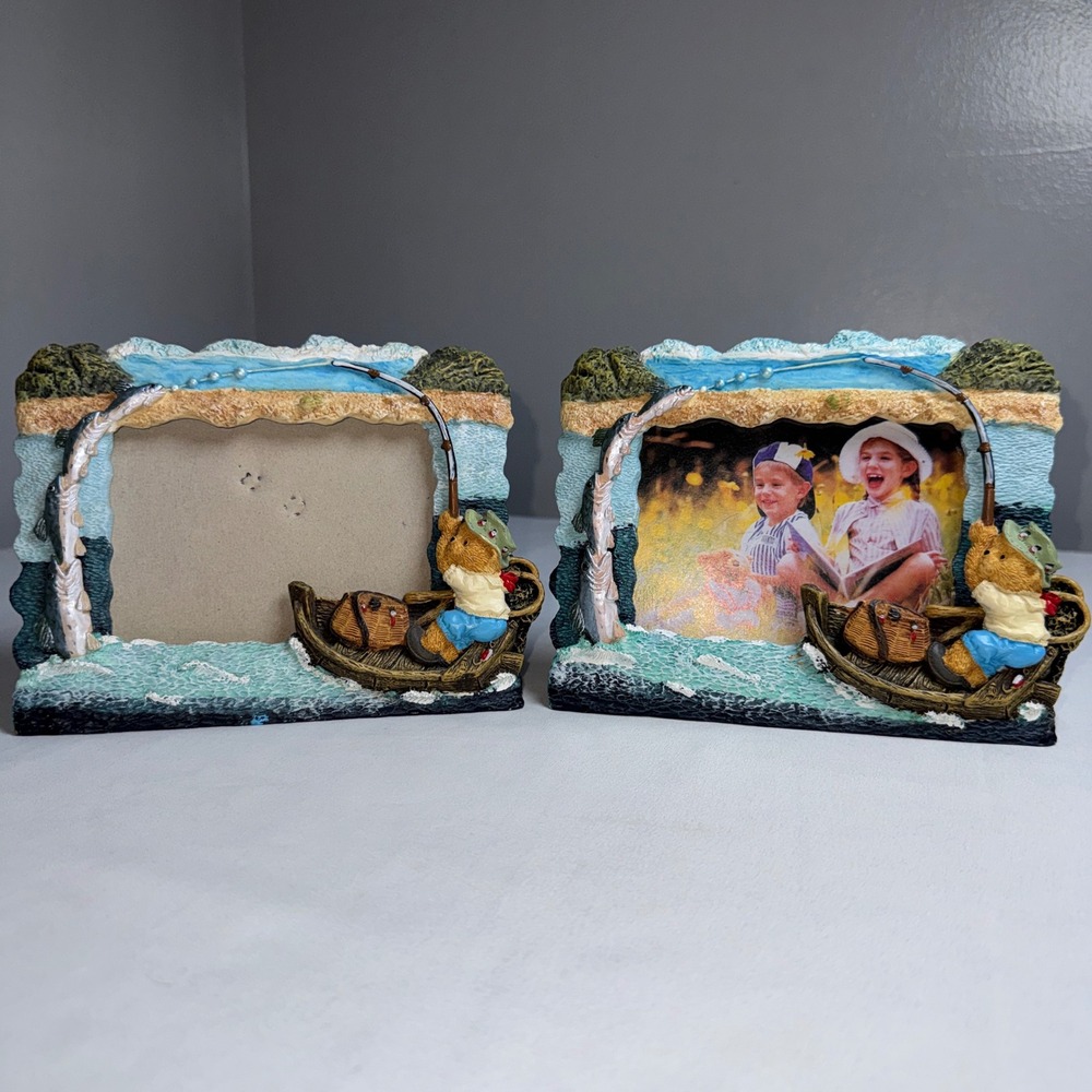 Vintage Teddy Bear Fishing 3D Resin Picture Frames Set of 2 Nautical Decor